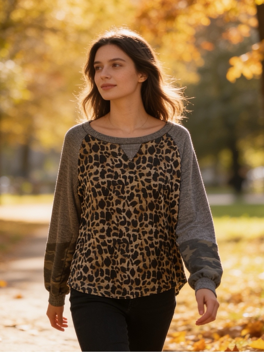 FSL + apparel | Womens Leopard/Camo-Print Pullover Crewneck Sweater | L